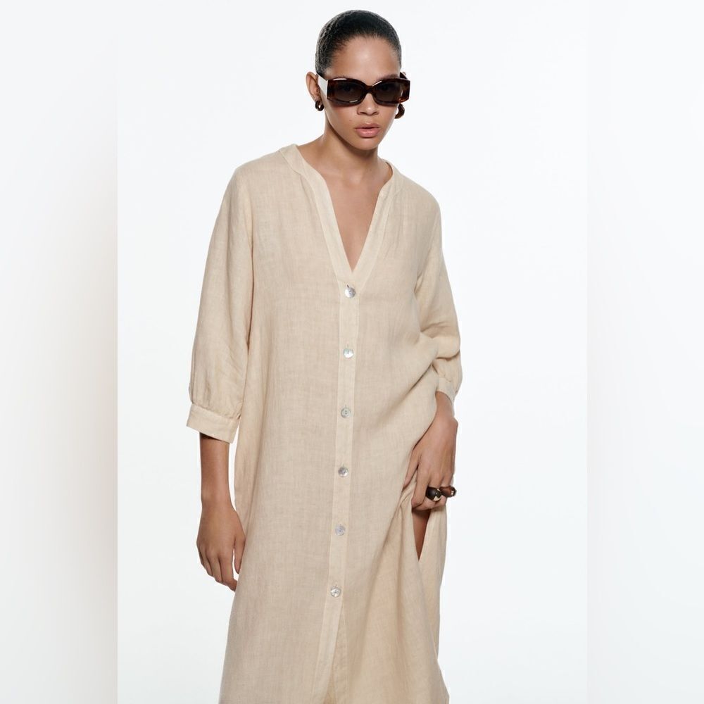 Zara 100% Linen Dress Midi Pockets Vents Sand - Picture 5 of 7
